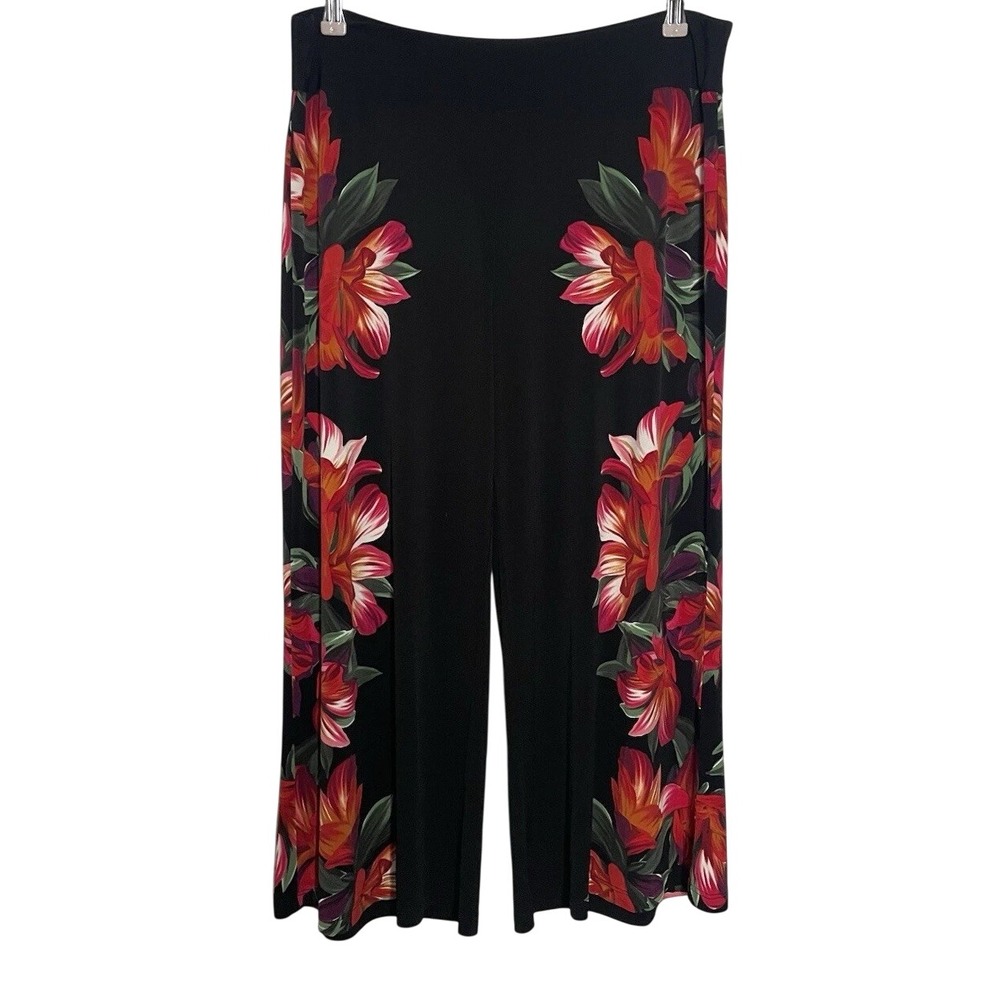 Joseph Ribkoff Wide-Leg Cropped Whde Leg Pants‎ Black Red Floral Slinky  14